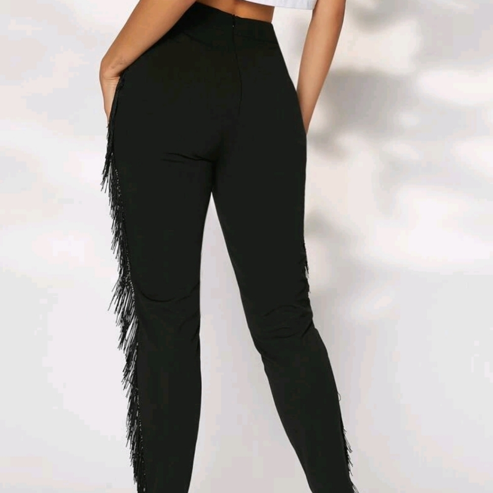 NEW BLACK FRINGE TRIM PANTS - Picture 4 of 8